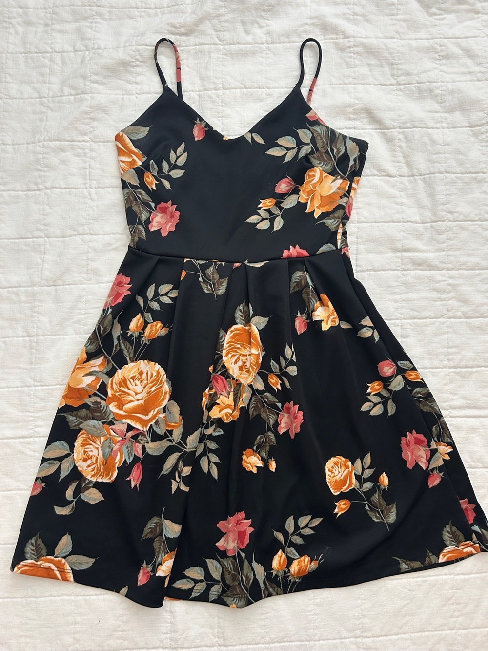 Blu Pepper Black Floral Spaghetti-Strap Mini Dress with Orange and Pink Roses